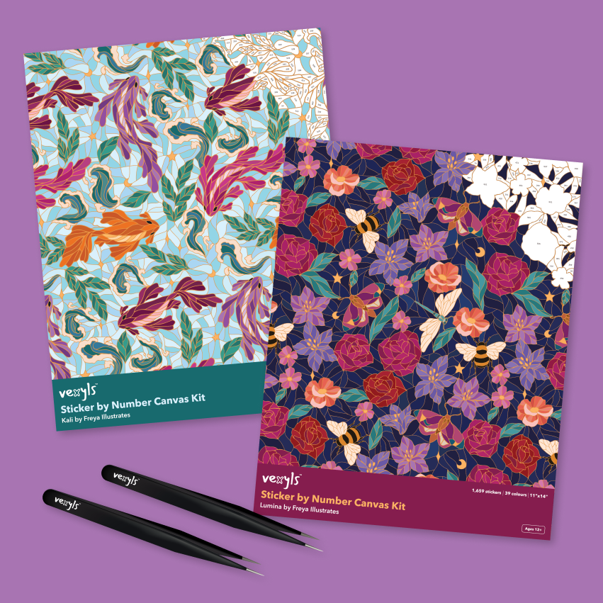Stained Glass Set for Two: Lumina and Kali sticker by number canvas kits with two precision applicators